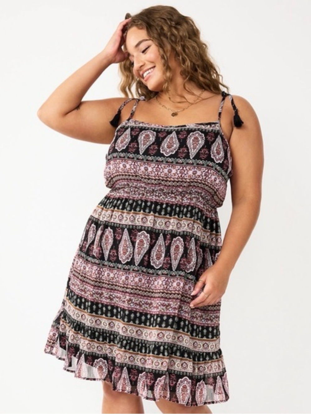 Boho Paisley Tiered Mini Dress in Black & Pink